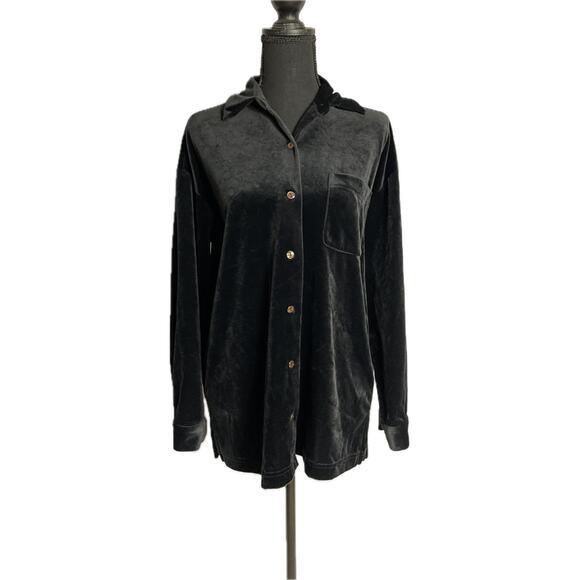 VTG Van Heusen Black Velvet Small Y2K Gothic Shacket Long Sleeve Button Up Shirt - Picture 1 of 5